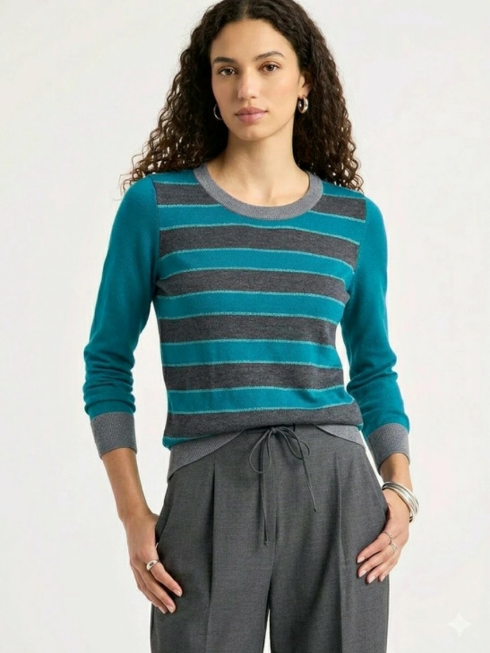Banana Republic Women's 100% Merino Wool Blue/Gray Striped Crewneck Sweater S